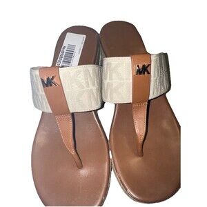 Michael Kors Brown Leather Wedge Jute Heel T-Strap Slingback Sandals Size 6.5